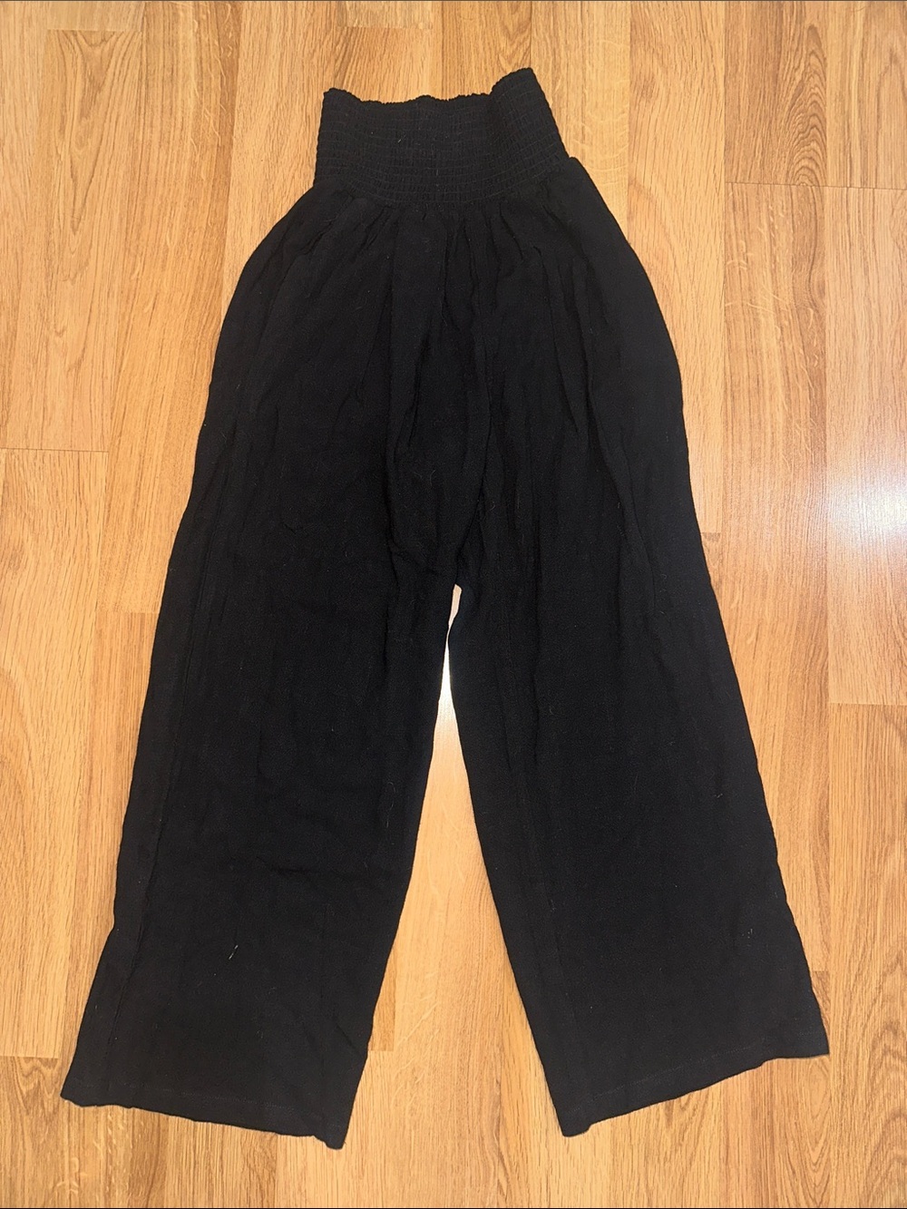 UE Black Wide-Leg Knit Trousers with Smocked High Waist
